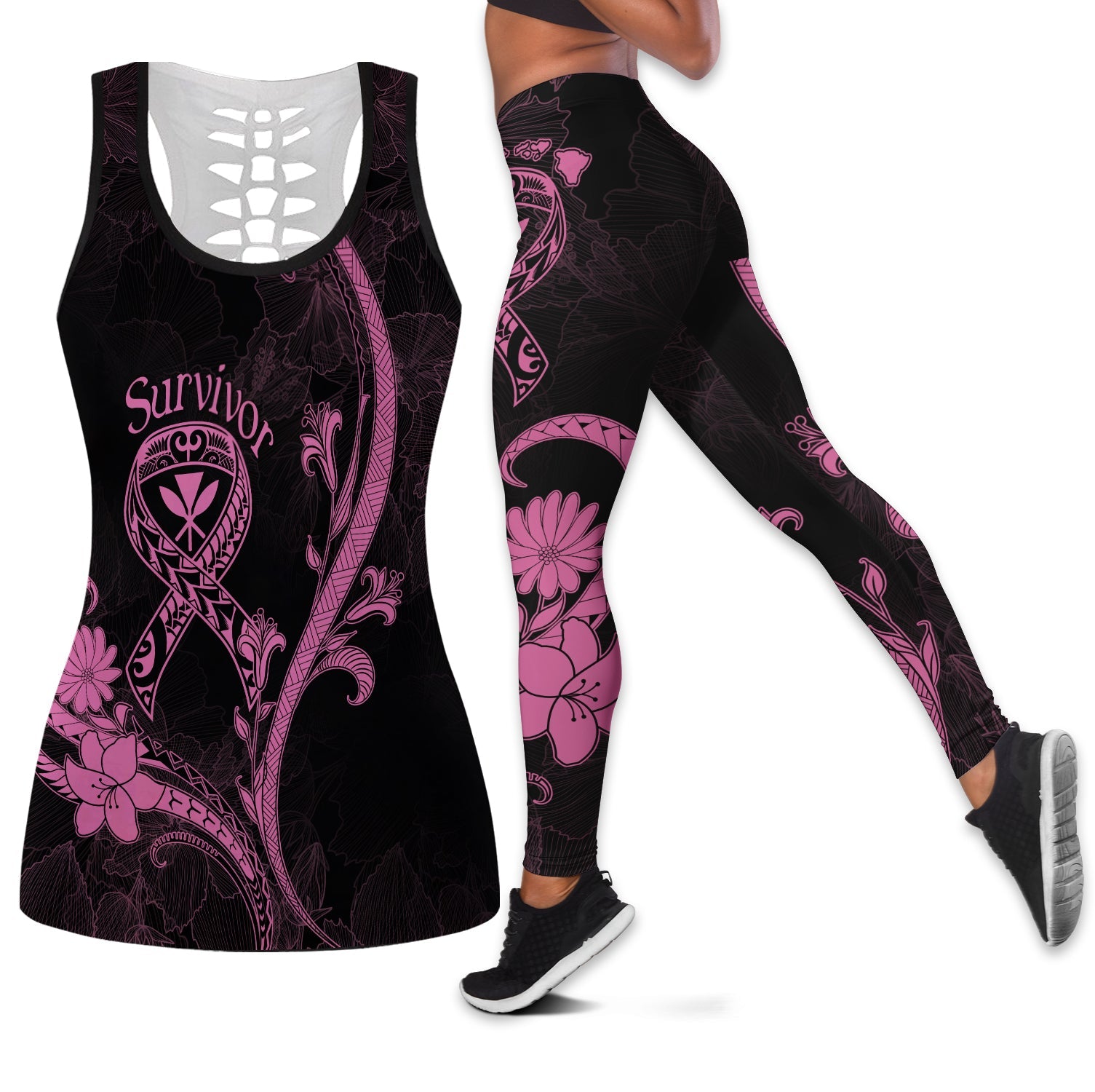 Hippie Pink Weed All Over Printed Womens Combo Hollow Tanktop Leggings Set  Outfit –