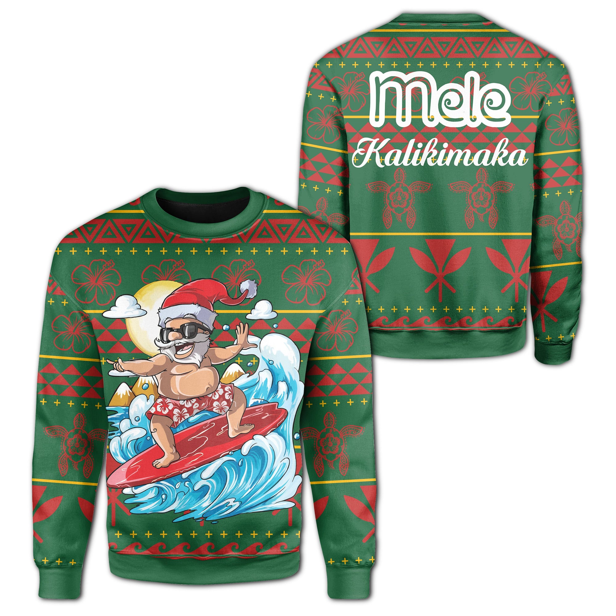 Hawaii Christmas Santa Surf Polynesian Sweatshirt Unisex Green - Polynesian Pride