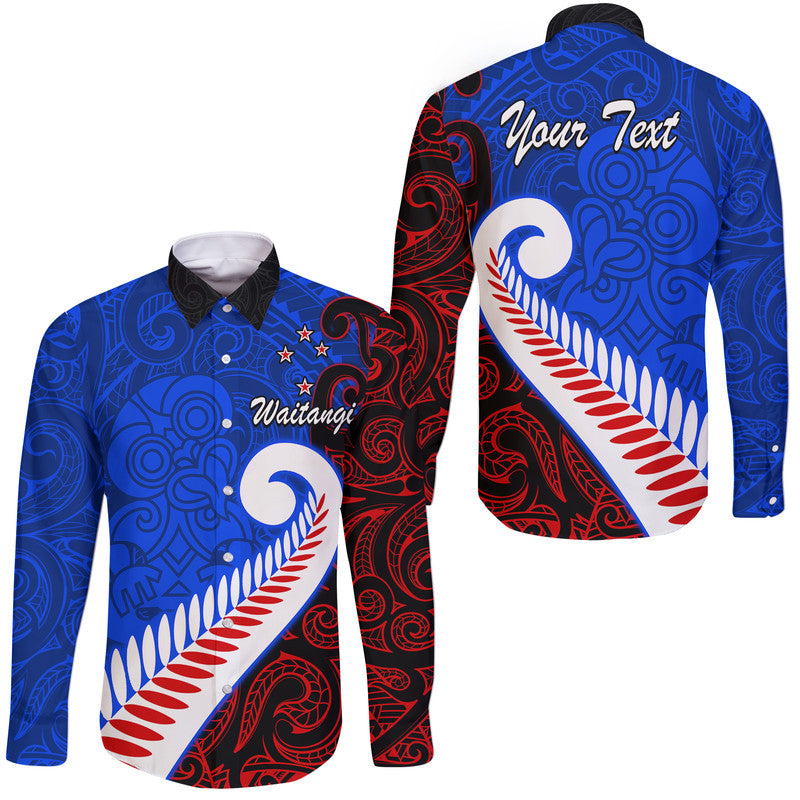 (Custom Personalised) Waitangi Day Hawaii Long Sleeve Button Shirt Aotearoa Hei Tiki Silver Fern LT9 Unisex Blue - Polynesian Pride