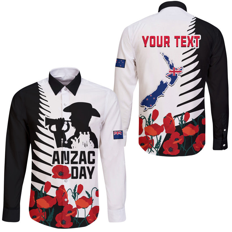 (Custom Personalised) New Zealand ANZAC Day Hawaii Long Sleeve Button Shirt Military Silver Ferns and Red Poppy LT9 Unisex Black - Polynesian Pride