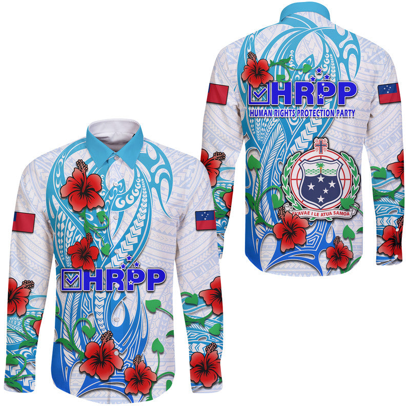 Special Samoa HRPP Party Hawaii Long Sleeve Button Shirt Tribal Samoan Hibiscus Design LT9 Unisex Blue - Polynesian Pride