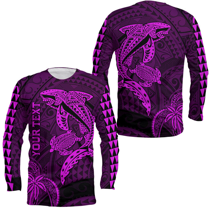 (Custom Personalised) Hawaii Long Sleeve Shirt Shark and Turtle Mix Kakau Purple LT9 Unisex Purple - Polynesian Pride