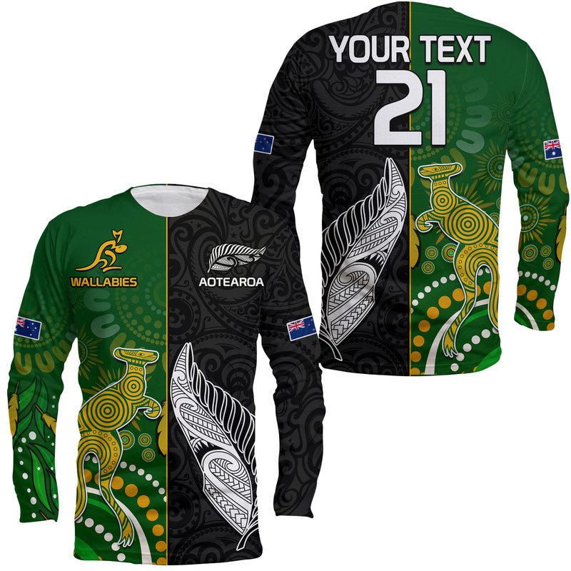 (Custom Personalised) Aotearoa Rugby All Black Combine Australia Wallabies Long Sleeve Shirt Aboriginal Kangaroo And Maori Fern LT9 Unisex Black - Polynesian Pride