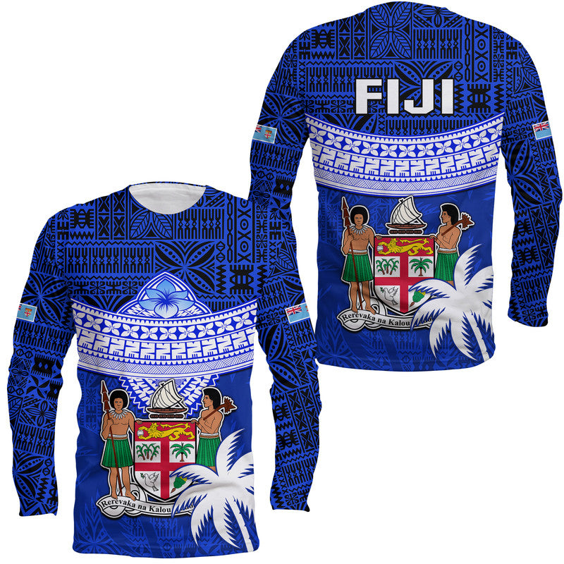 Fiji Coat Of Arms Long Sleeve Shirt Polynesian Tapa Palm Tree LT9 Unisex Blue - Polynesian Pride