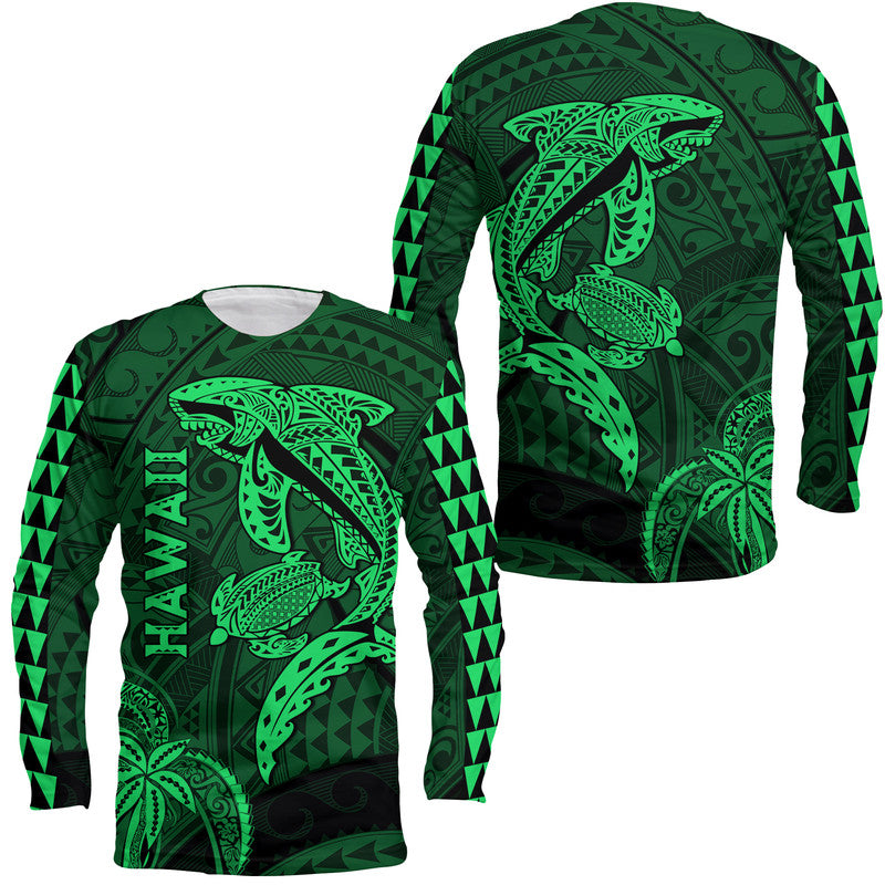 Hawaii Long Sleeve Shirt Shark and Turtle Mix Kakau Green LT9 Unisex Green - Polynesian Pride