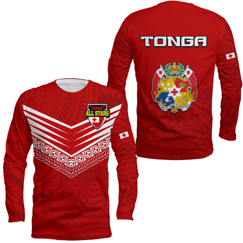 PolynesianPride Tonga Rugby Tongan Kupesi Ngatu Design Long Sleeve Shirt LT9 Unisex Red - Polynesian Pride