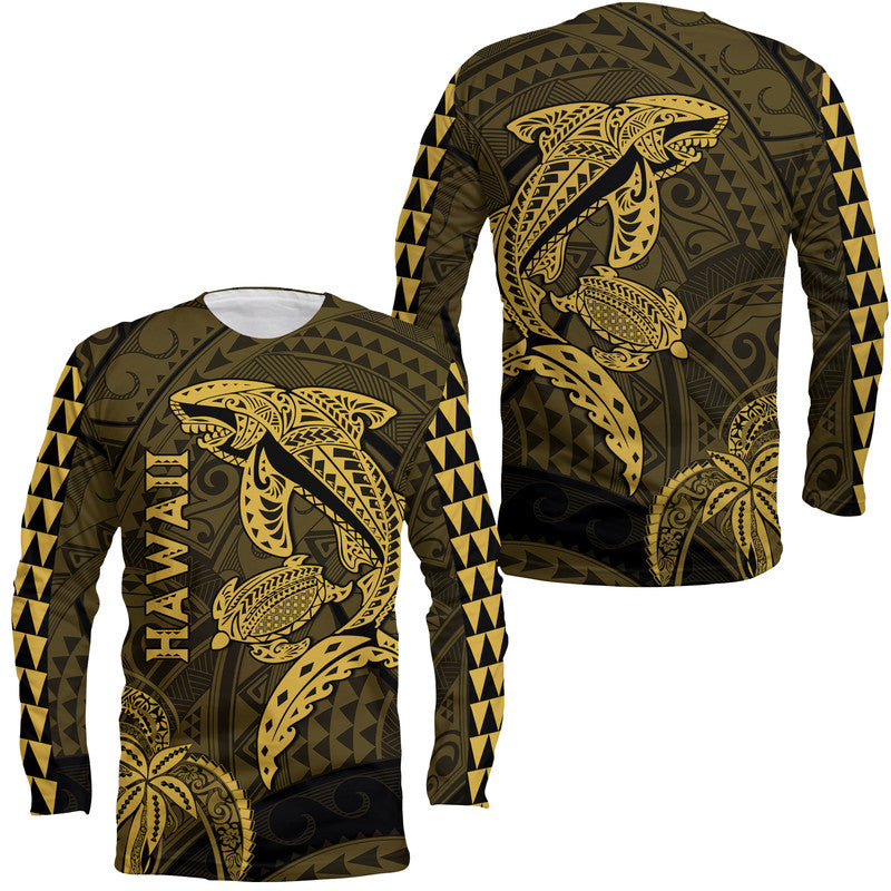 Hawaii Long Sleeve Shirt Shark and Turtle Mix Kakau Gold LT9 Unisex Gold - Polynesian Pride