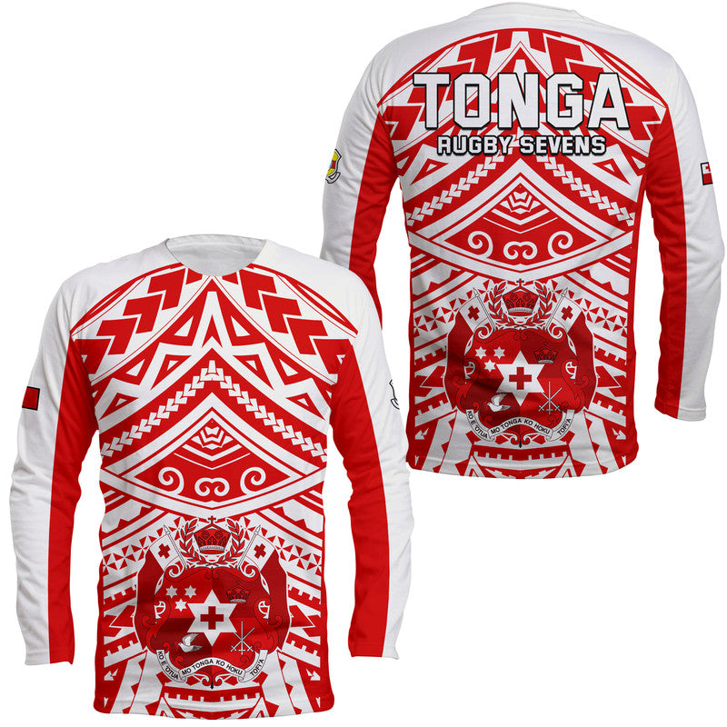 Tonga Rugby Sevens Long Sleeve Shirt Coat of Arms Tribal Polynesian Pattern LT9 Unisex Red - Polynesian Pride