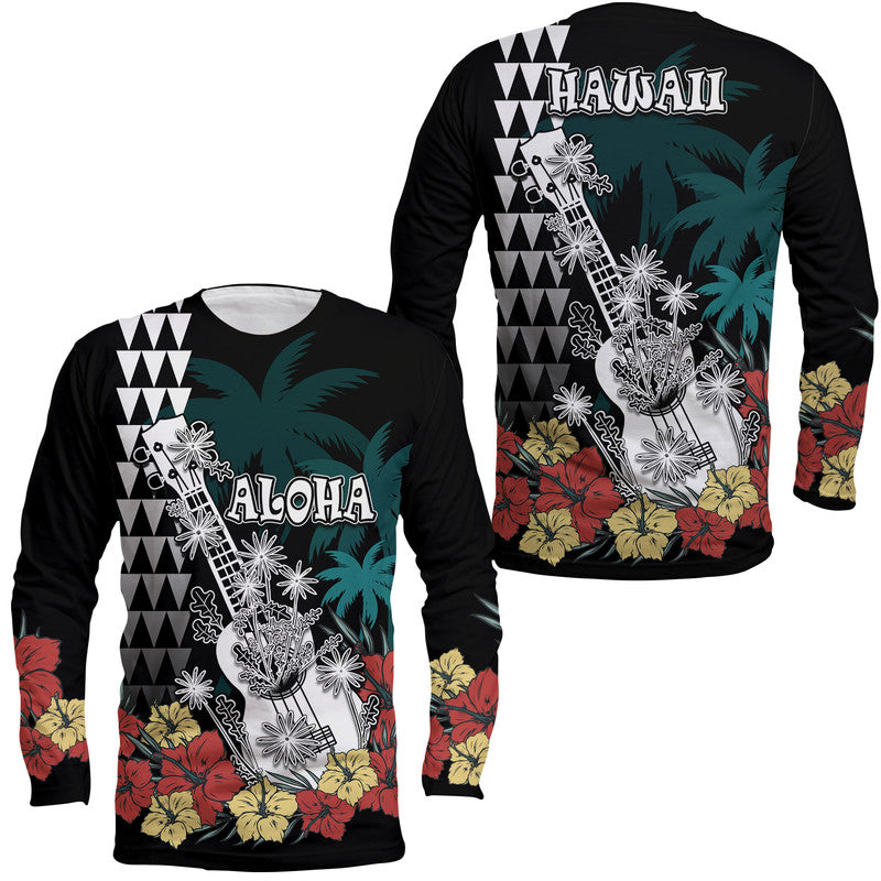 Hawaii Ukulele Mix Hibiscus and Coconut Tree Long Sleeve Shirt Aloha Vintage Black Version LT9 Unisex Black - Polynesian Pride