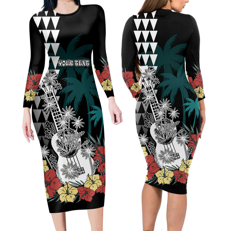 (Custom Personalised) Hawaii Ukulele Mix Hibiscus and Coconut Tree Long Sleeve Dress Aloha Vintage Black Version LT9 Polyester spandex Black - Polynesian Pride