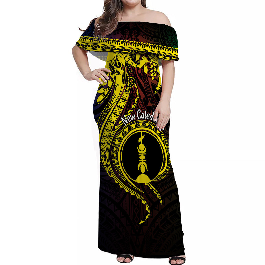 New Caledonia Personalised Off Shoulder Long Dress Kanaky Mix Plumeria LT7 Women Black - Polynesian Pride