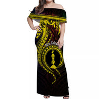 New Caledonia Personalised Off Shoulder Long Dress Kanaky Mix Plumeria LT7 Women Black - Polynesian Pride
