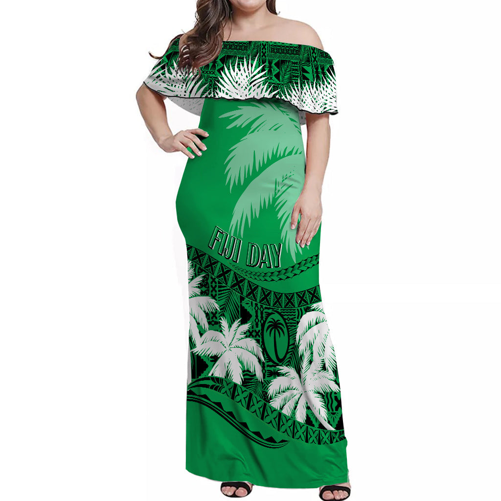 Fiji Day Off Shoulder Long Dress Flying Fijians Masi Kesa Style - Green LT7 Women Green - Polynesian Pride