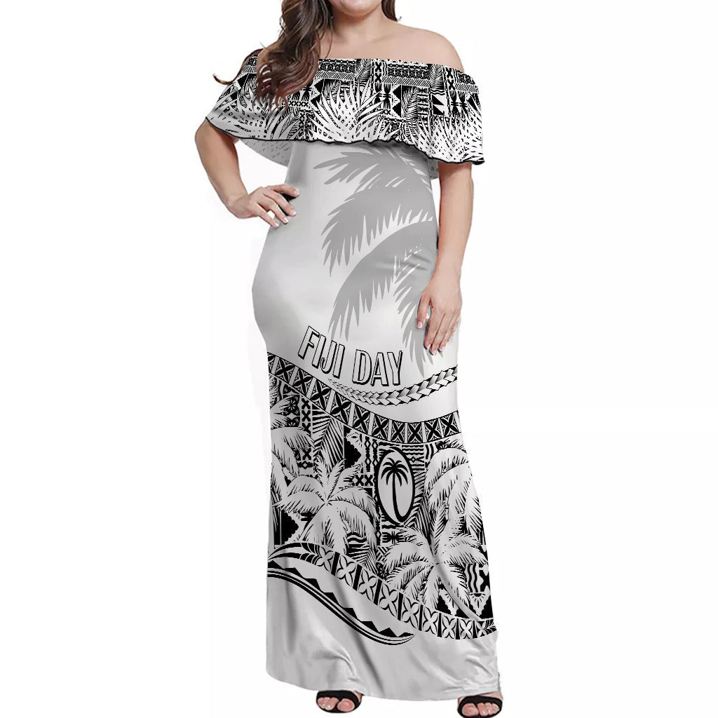 Fiji Day Off Shoulder Long Dress Flying Fijians Masi Kesa Style - White LT7 Women White - Polynesian Pride