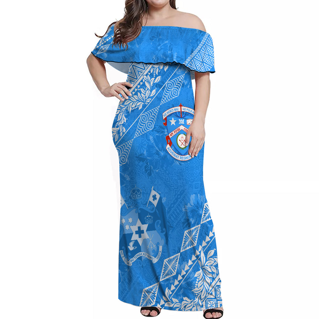 Apifoou College Tonga Off Shoulder Long Dress Kupesi Style - Ver01 LT7 Women Blue - Polynesian Pride