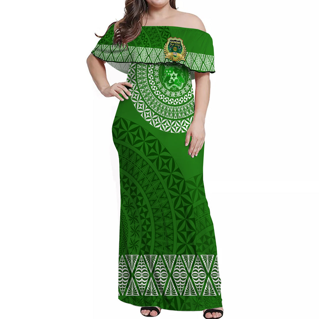 Saineha High School Tonga Off Shoulder Long Dress Kupesi Style - Ver03 LT7 Women Green - Polynesian Pride