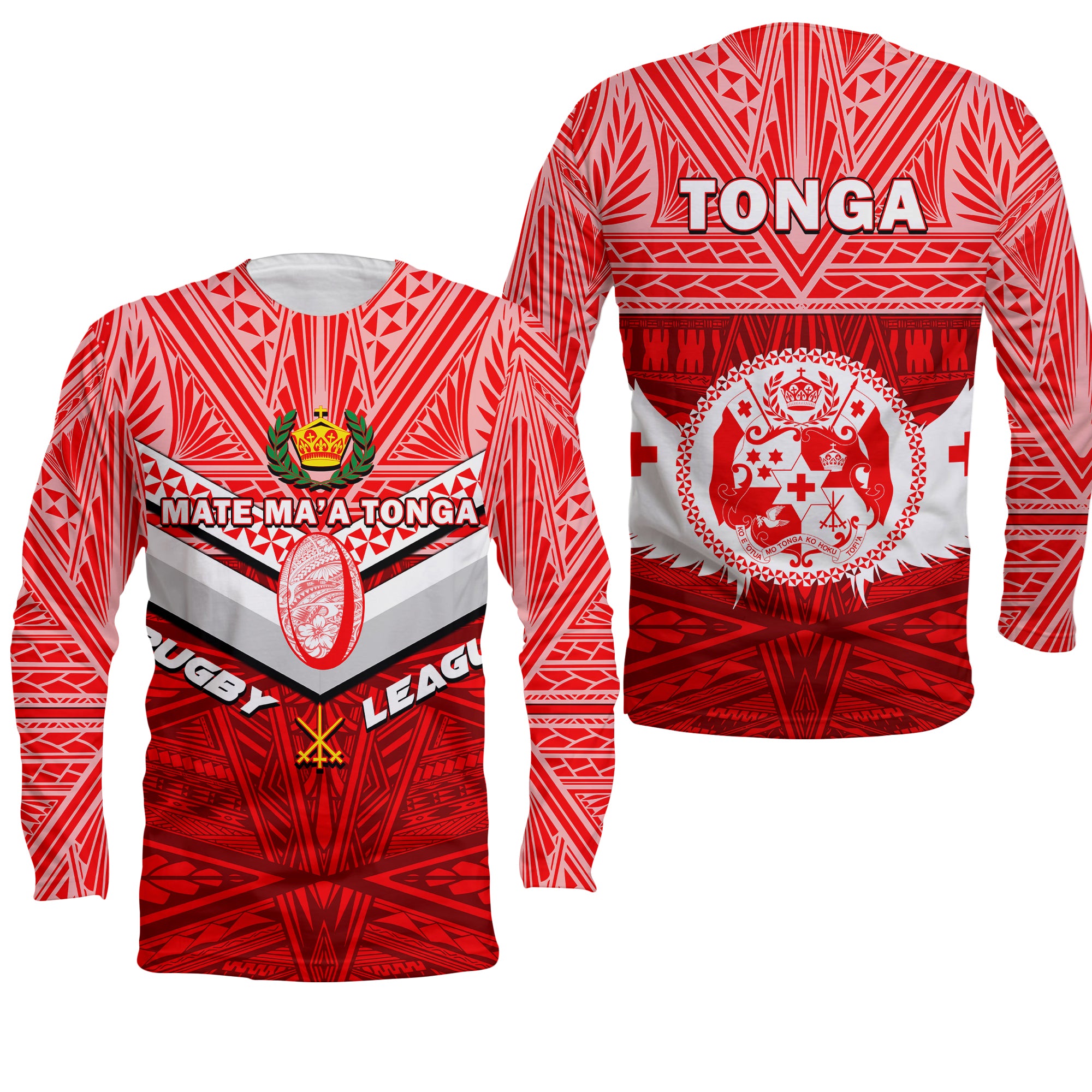 Tonga Rugby Mate Ma'a Tonga Tapa Pattern Long Sleeve Shirt - LT2 Unisex RED - Polynesian Pride