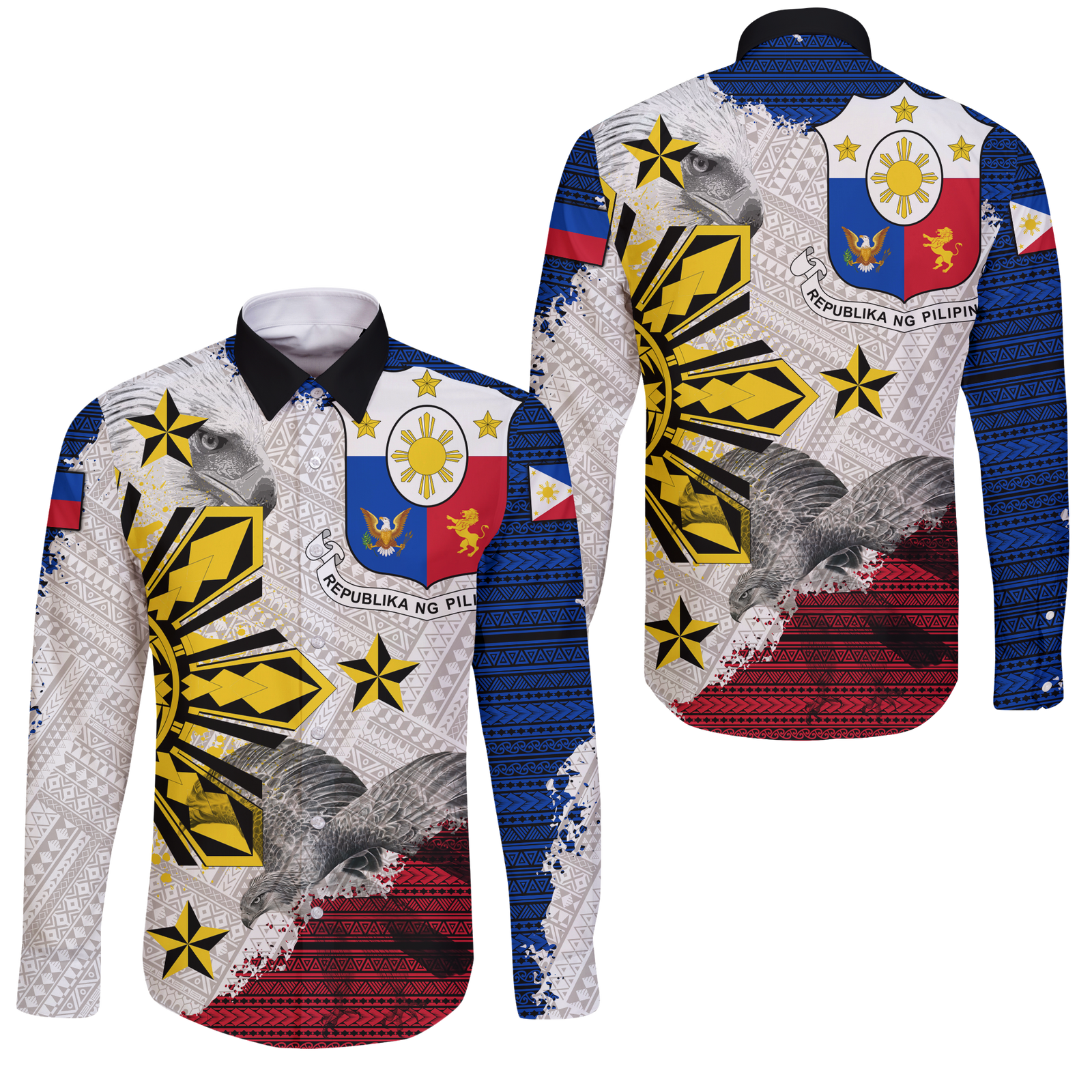 Philippines Filipino Tribal Eagle Long Sleeve Button Shirt - LT2 Unisex WHITE - Polynesian Pride