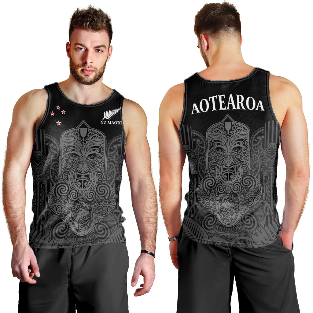 New Zealand Tiki Rugby Men Tank Top NZ Maori Koru Pattern LT14 Black - Polynesian Pride