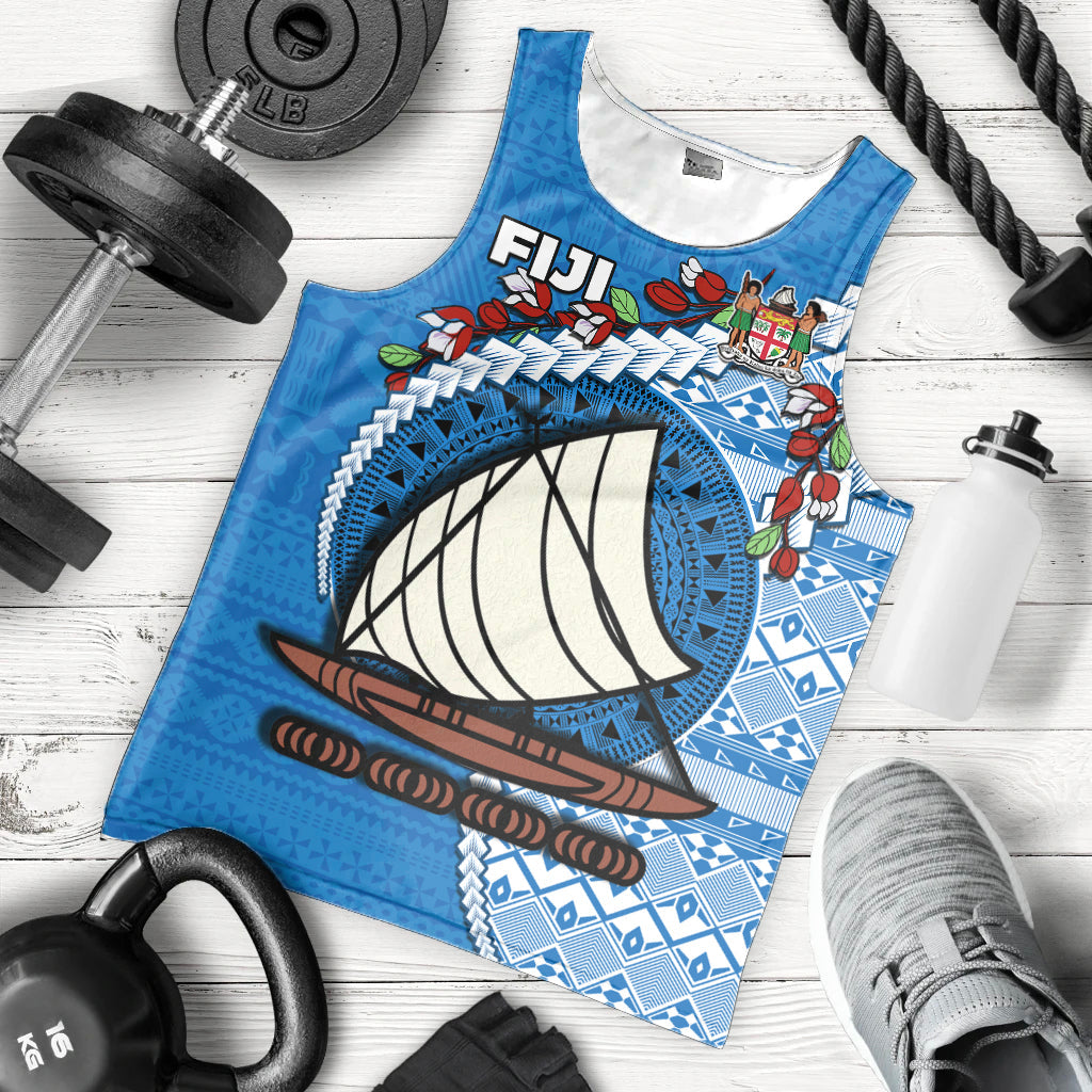 (Custom Personalised) Fiji Men Tank Top Fijian Drua Mix Tagimaucia Flower Blue Style LT14 Blue - Polynesian Pride