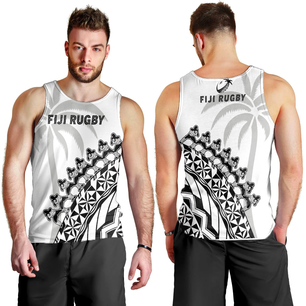 Fiji Rugby Men Tank Top Fijian Cibi Dance Tapa Pattern White LT14 White - Polynesian Pride