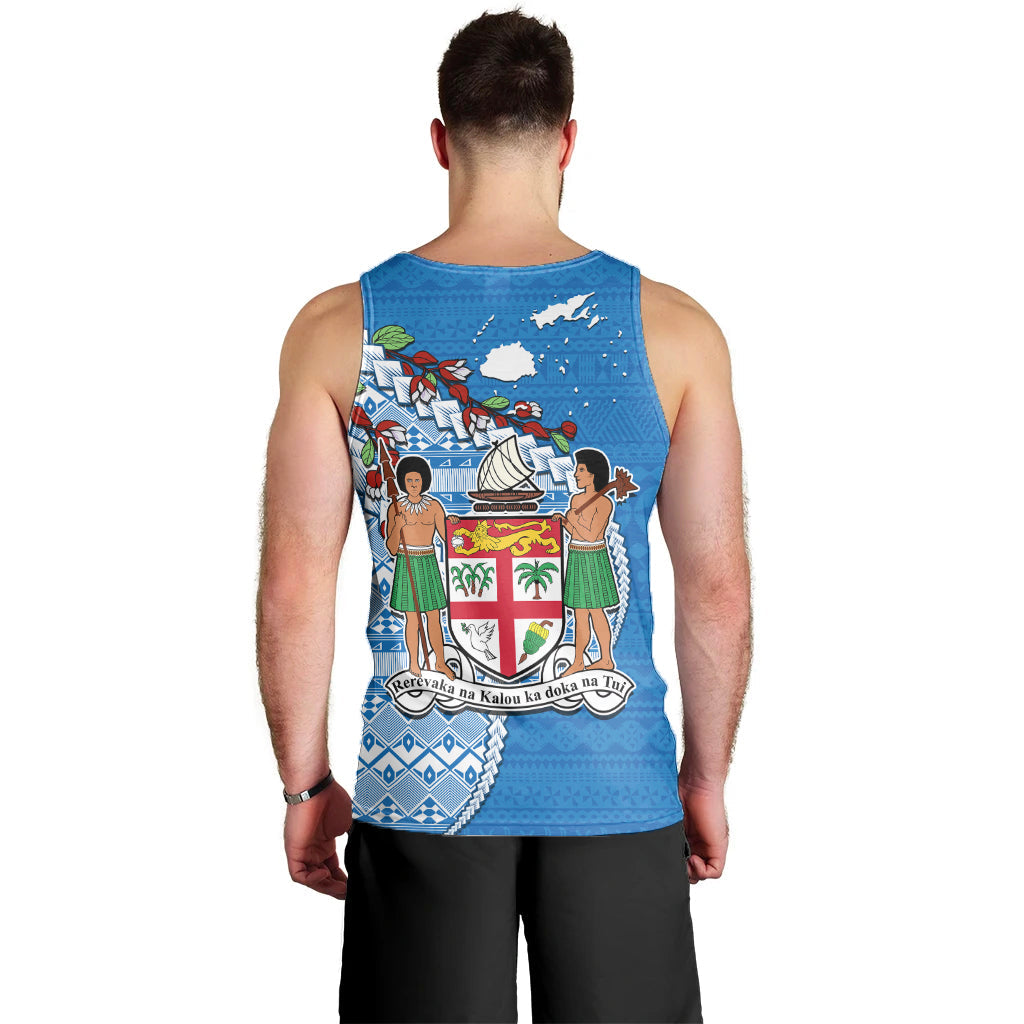 Fiji Men Tank Top Fijian Drua Mix Tagimaucia Flower Blue Style LT14 - Polynesian Pride
