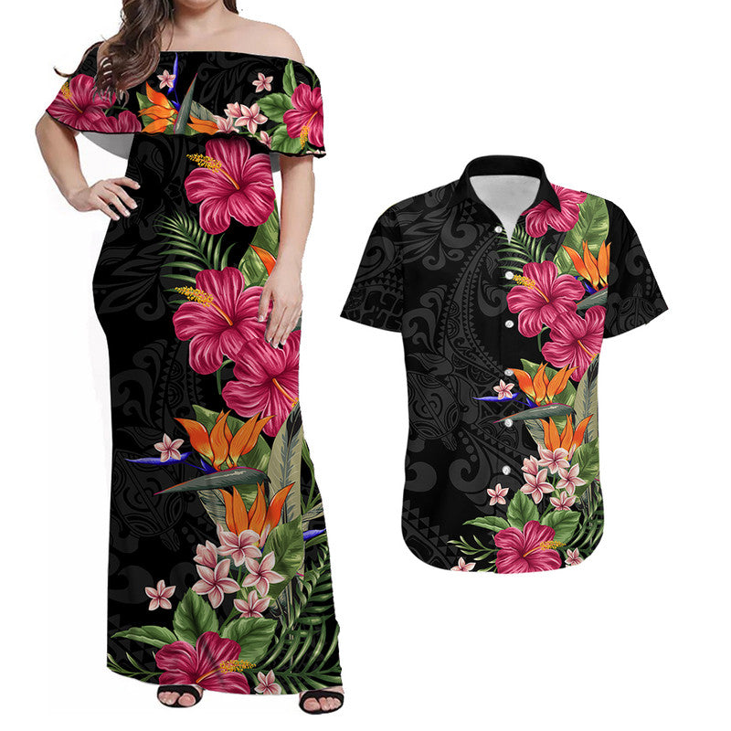 Hawaii Flowers Mix Tribal Pattern Matching Dress and Hawaiian