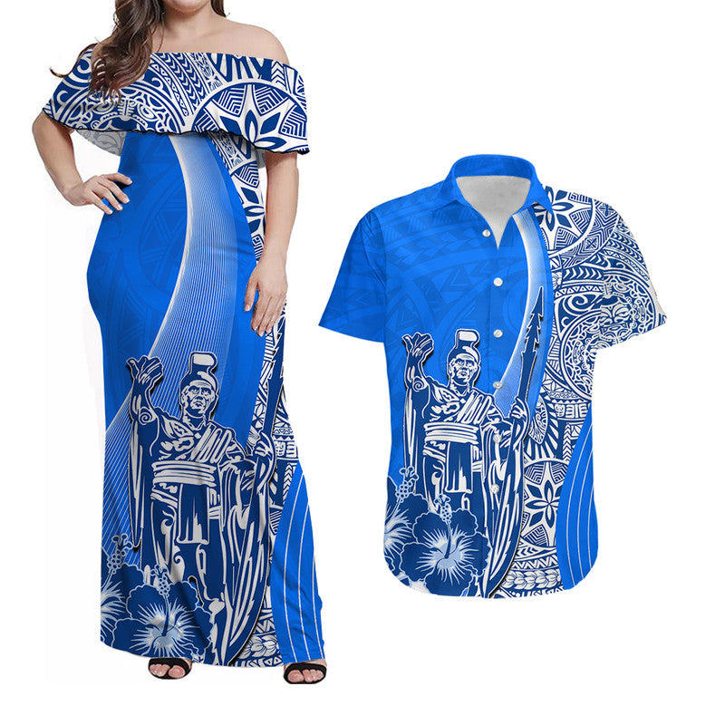 Hawaii King Kamehameha Matching Dress and Hawaiian Shirt Vibe Blue Style LT6 Blue - Polynesian Pride