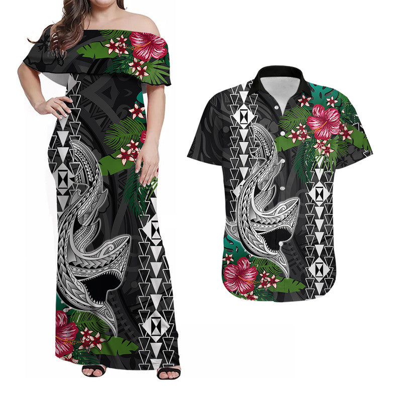 Polynesian Couple Outfits Hawaii Kakau Matching Dress and Hawaiian Shirt Mix Sharks Polynesian Hibiscus LT6 Black - Polynesian Pride