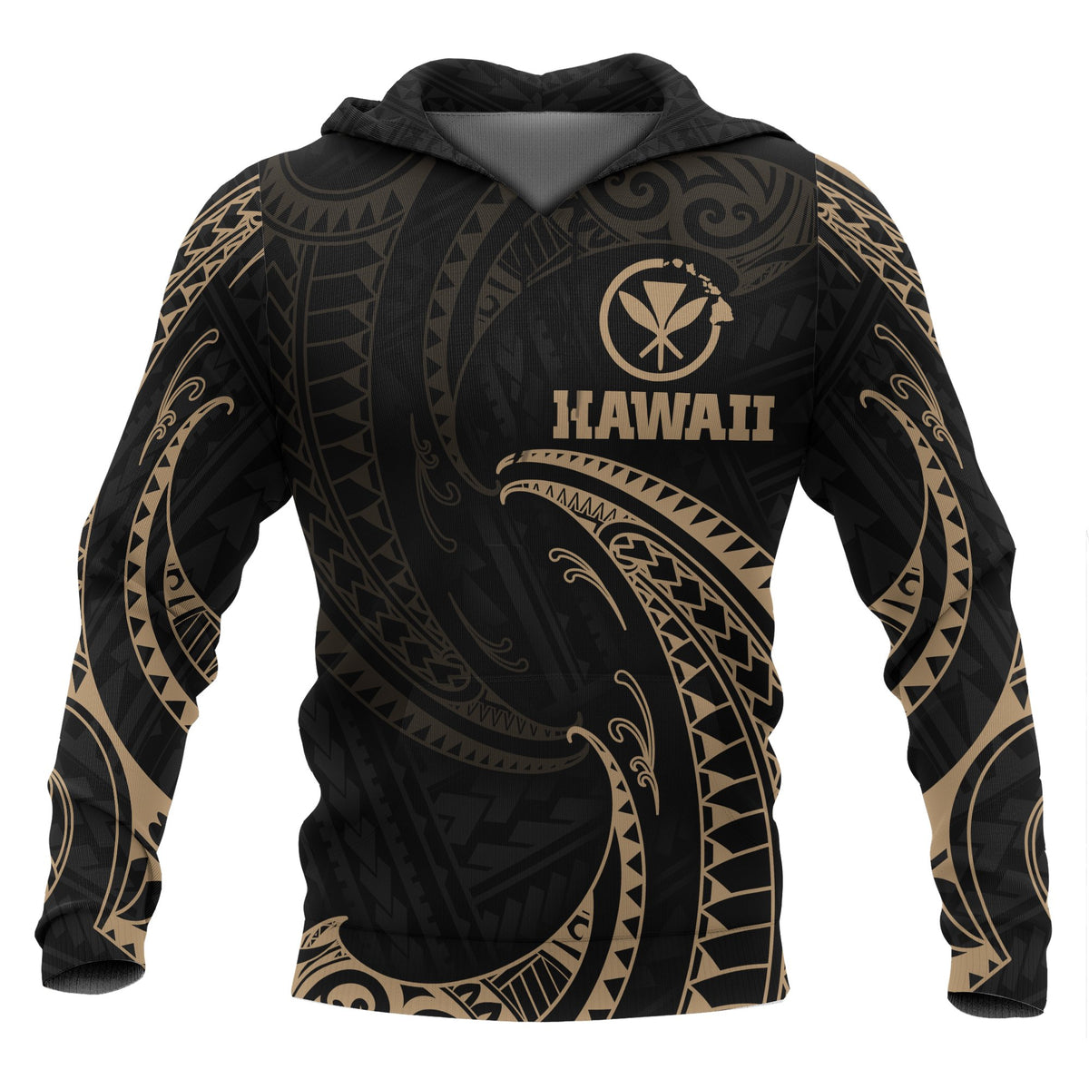 Hawaii Polynesian Hoodie - Gold Tribal Wave Pullover Hoodie Black - Polynesian Pride