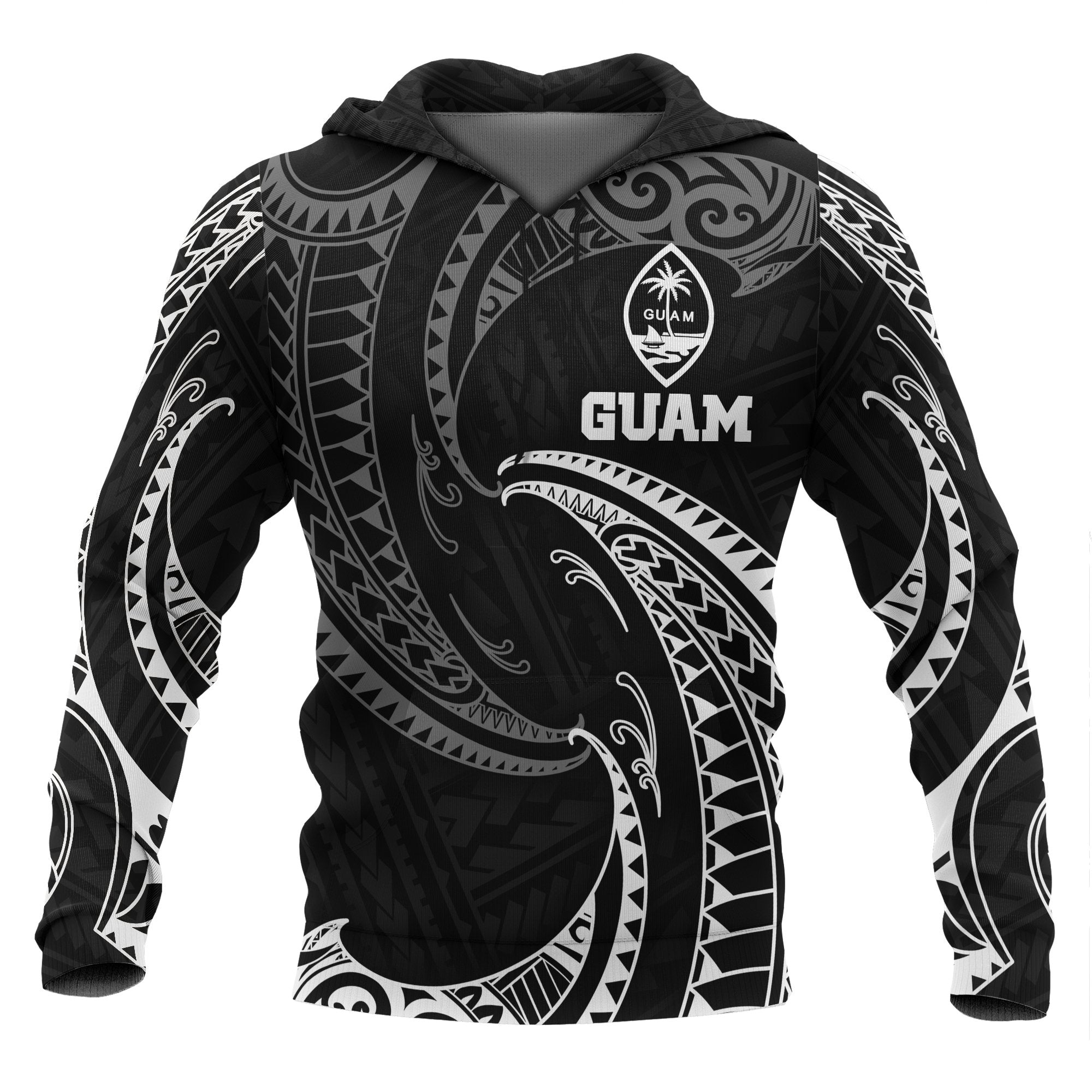 Guam Polynesian Hoodie White Tribal Wave Unisex Black - Polynesian Pride