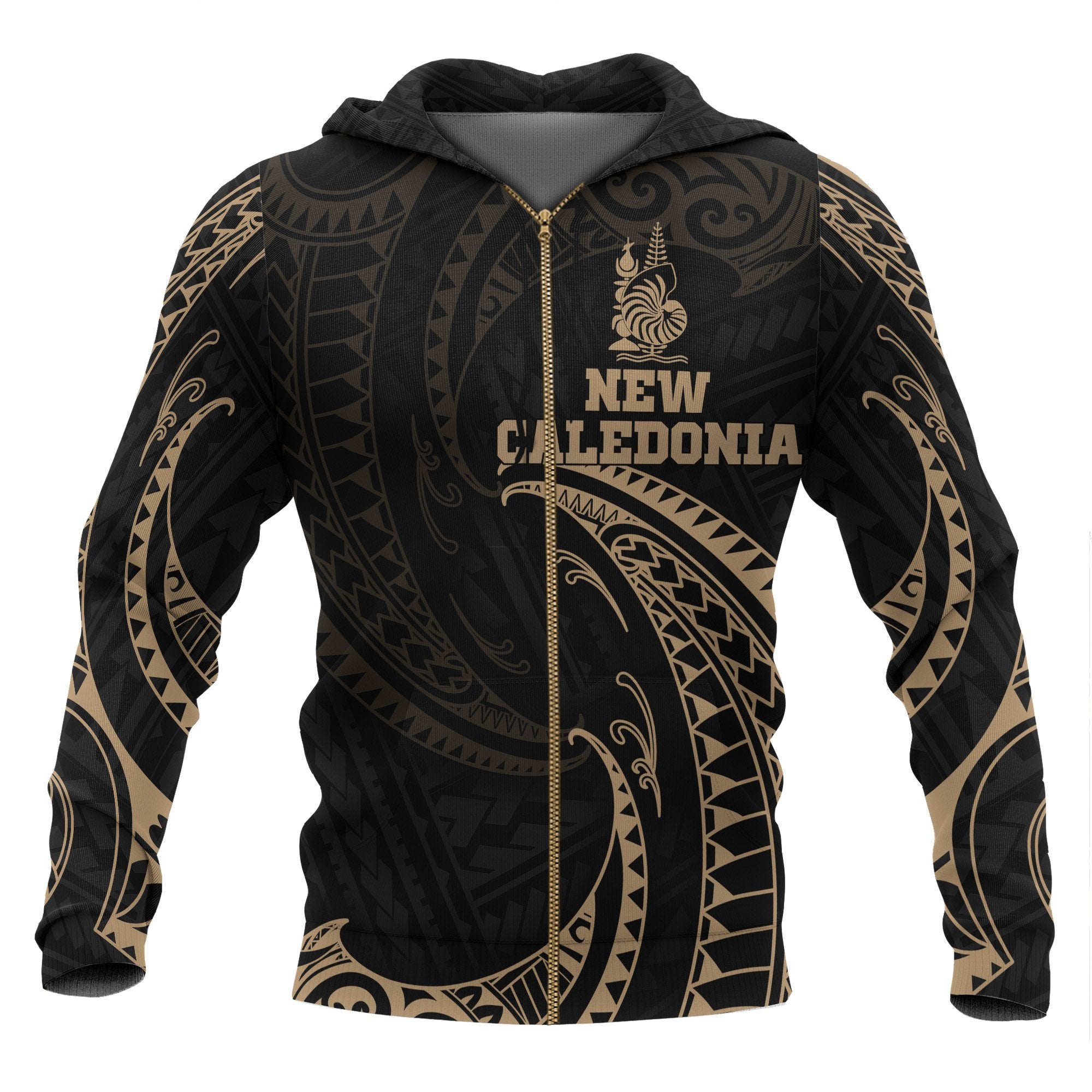 New Caledonia Polynesian Zip up Hoodie Gold Tribal Wave Unisex Black - Polynesian Pride