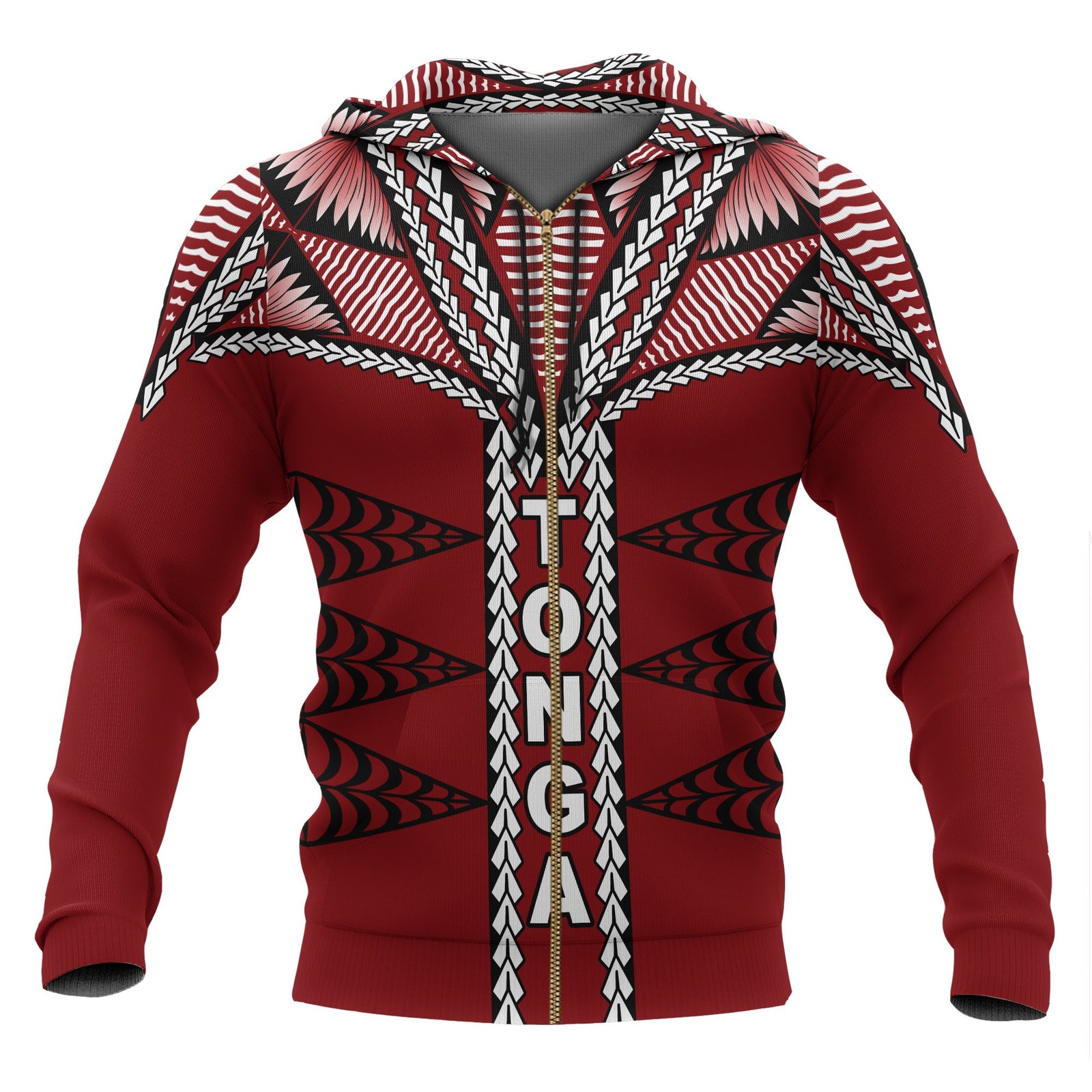 Tonga Polynesian All Over Zip up Hoodie Tongan Ngatu Pattern Red - Polynesian Pride