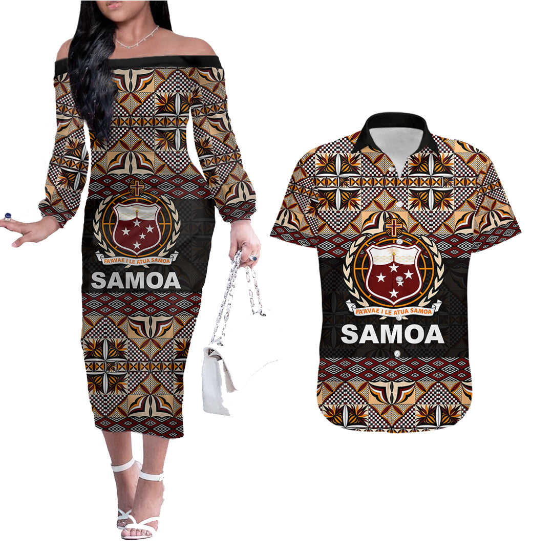Samoa Couples Matching Outfits Combo Long Sleeve Dress And Hawaiian Shirt Siapo Patterns LT6 Black - Polynesian Pride