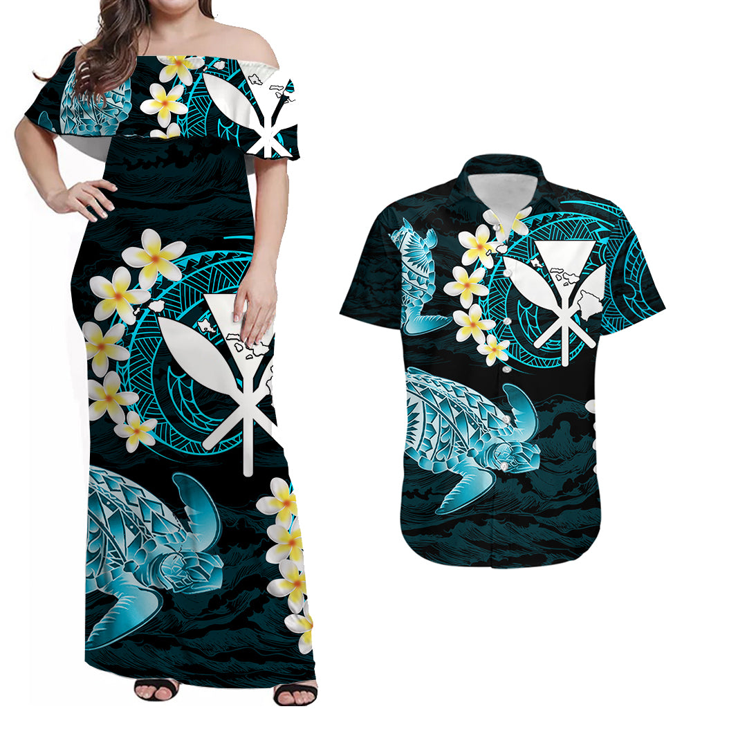 Polynesian Hawaiian Kanaka Maoli Matching Dress and Hawaiian Shirt No.6 LT6 Blue - Polynesian Pride