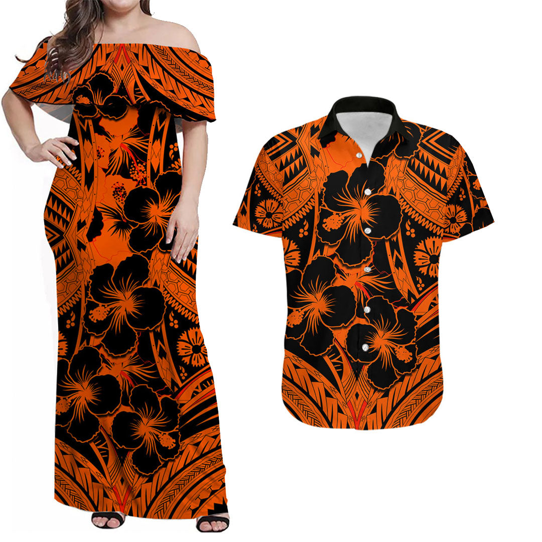 Polynesian Hibiscus Matching Hawaiian Shirt and Dress Fiji Patterns Orange LT6 Orange - Polynesian Pride