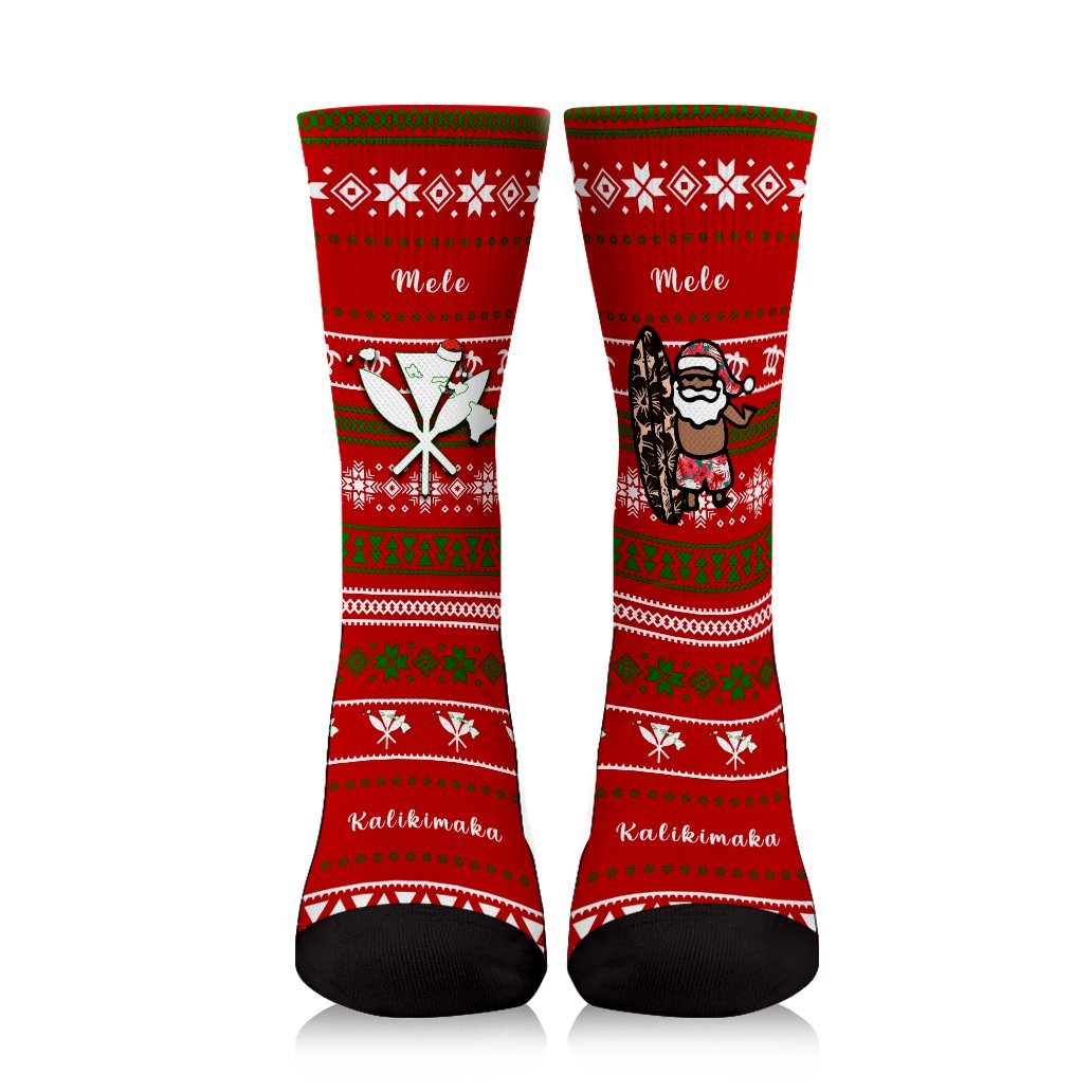 Hawaii Christmas Santa Claus Surf Crew Socks - Fun Style - AH Crew Socks Red - Polynesian Pride