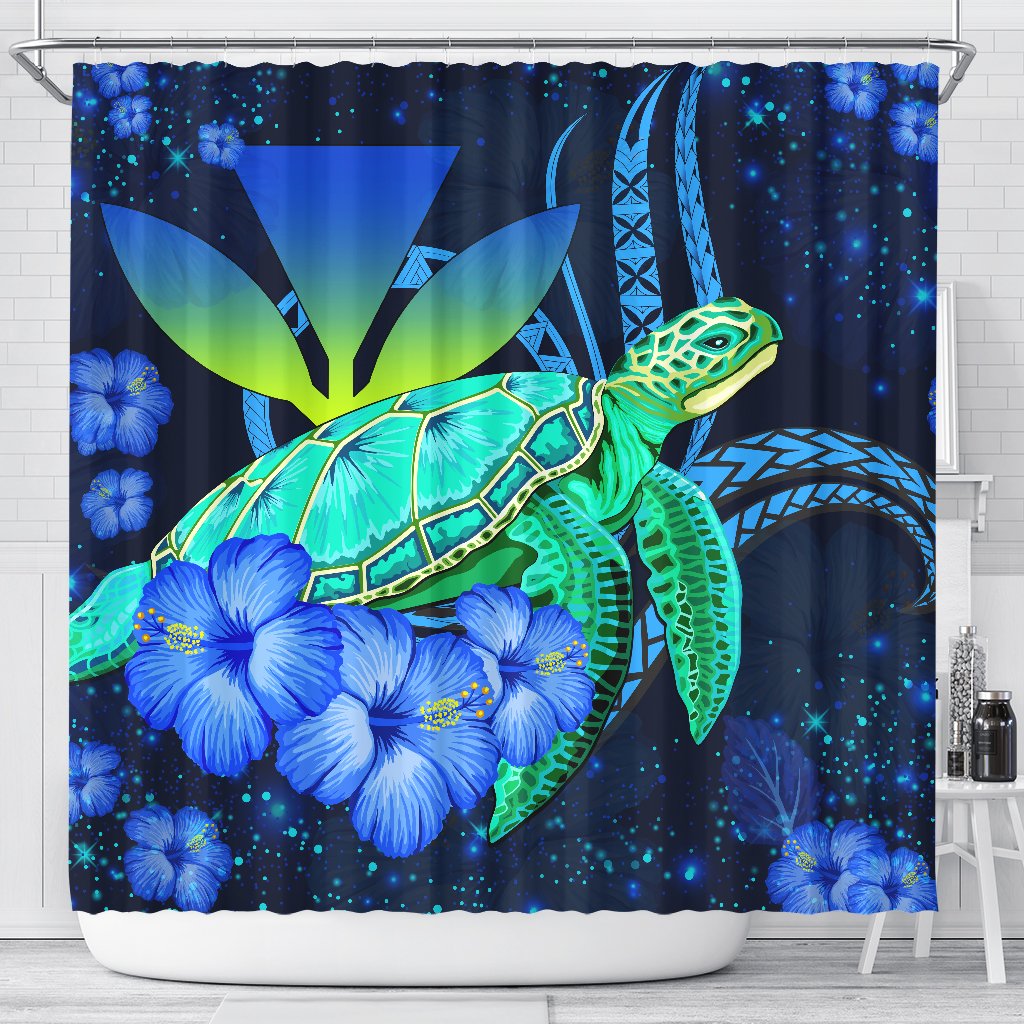 Hawaii Turtle Hibiscus Polynesian Shower Curtain - Jade Stone - AH 177 x 172 (cm) Blue - Polynesian Pride