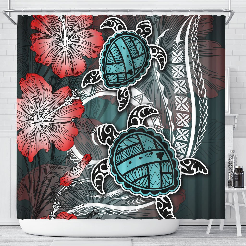 Hawaii Turtle Map Hibiscus Polynesian Shower Curtain - AH 177 x 172 (cm) Blue - Polynesian Pride