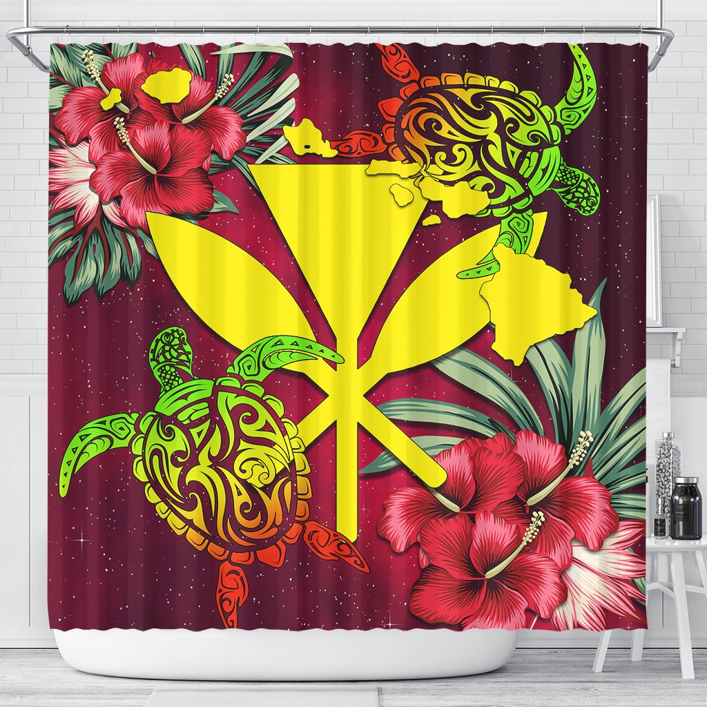 Kanaka Map Turtle Hibiscus Shower Curtain - Red Velvet - AH 177 x 172 (cm) Red - Polynesian Pride