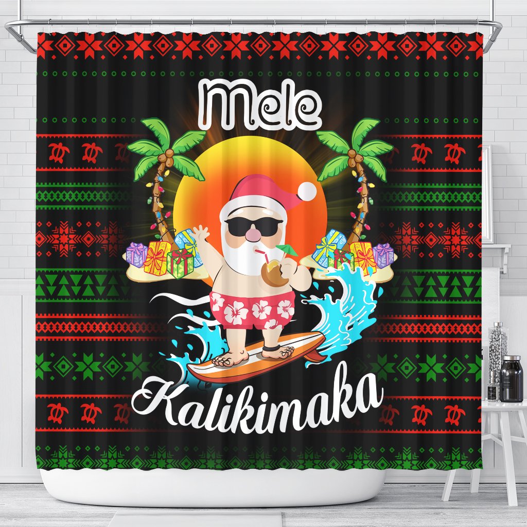 Hawaii Santa Claus Surf Christmas Pattern Shower Curtain - Tan Style - AH 177 x 172 (cm) Black - Polynesian Pride