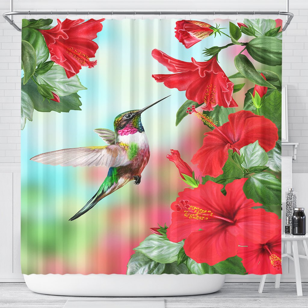 Hawaii Hummingbird Red Hibiscus Shower Curtain - AH 177 x 172 (cm) Red - Polynesian Pride