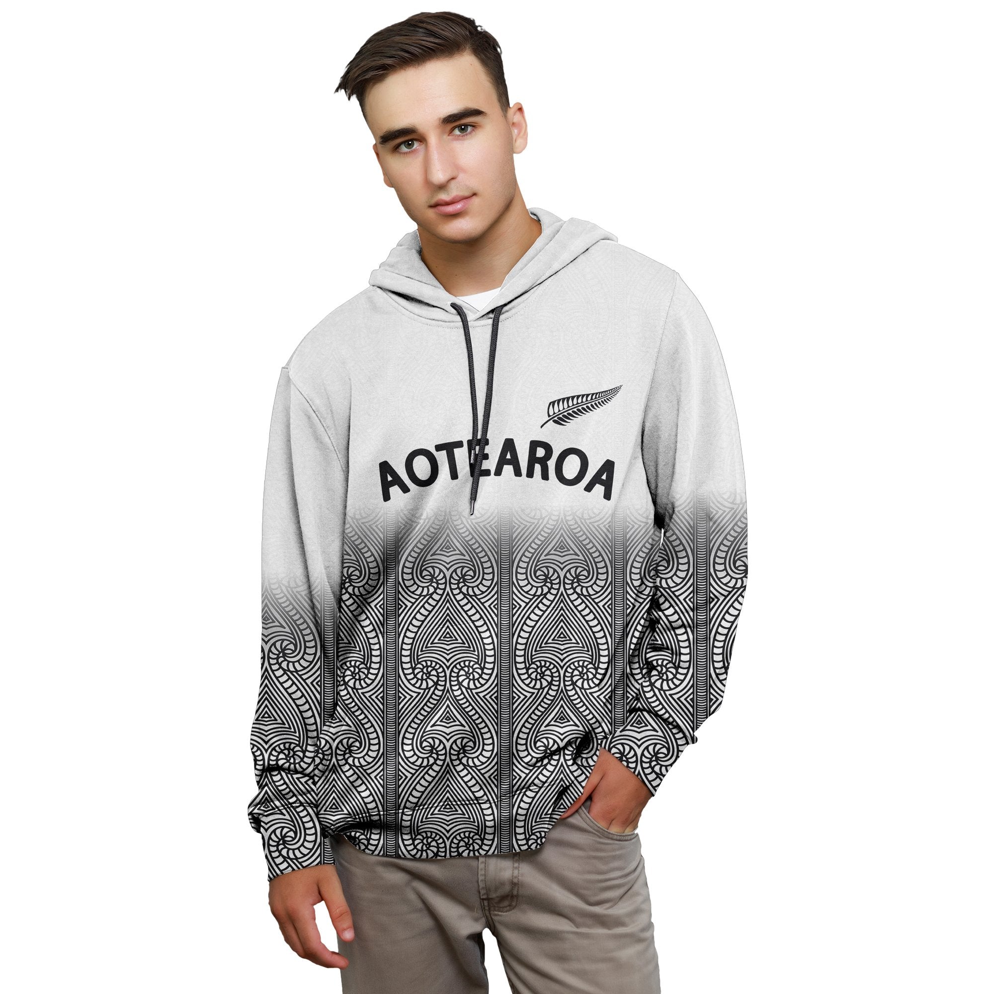 Aotearoa Maori Hoodie Silver Fern Map Unisex White - Polynesian Pride