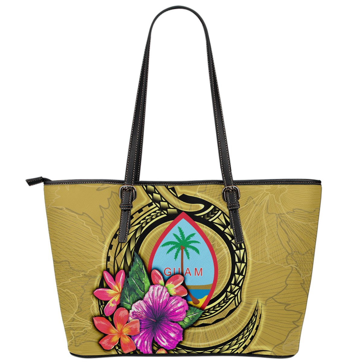 Guam Polynesian Leather Tote Bag - Floral With Seal Gold Yellow - Polynesian Pride