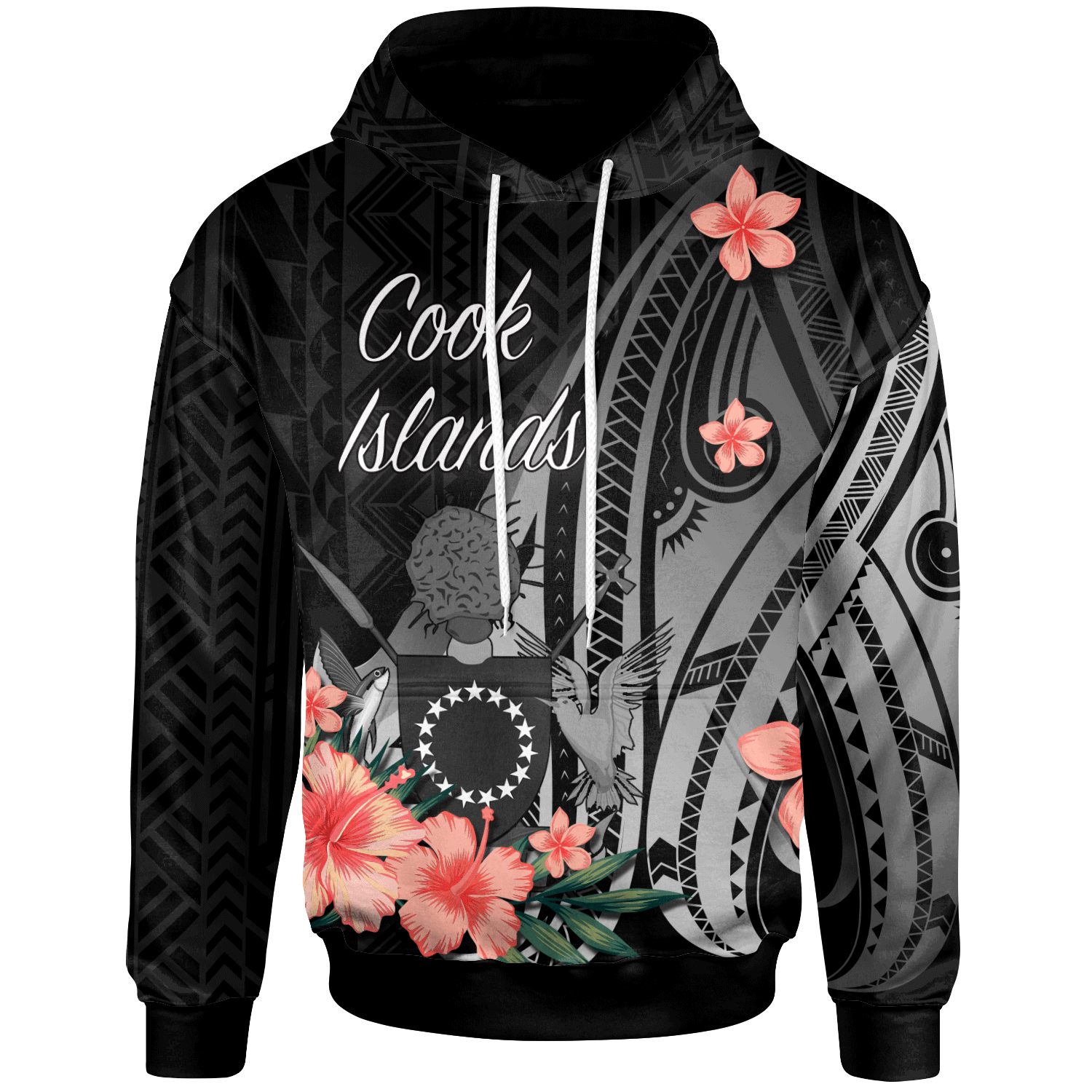 Cook Islands Hoodie Polynesian Hibiscus Pattern Style Unisex Black - Polynesian Pride