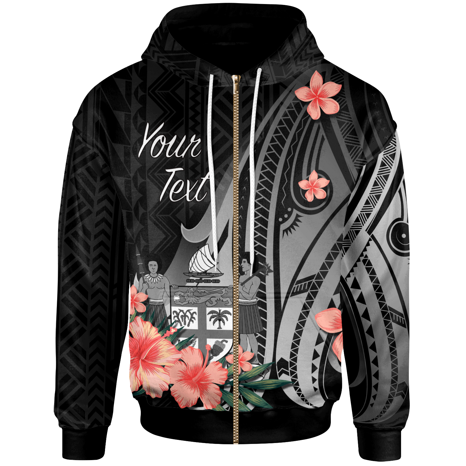 Fiji Custom Zip Hoodie Polynesian Hibiscus Pattern Style Unisex Black - Polynesian Pride