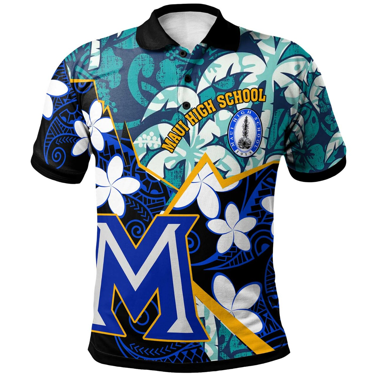 Hawaii Custom Polo Shirt Maui High School Plumeria with Polynesian Pattern LT10 Blue - Polynesian Pride