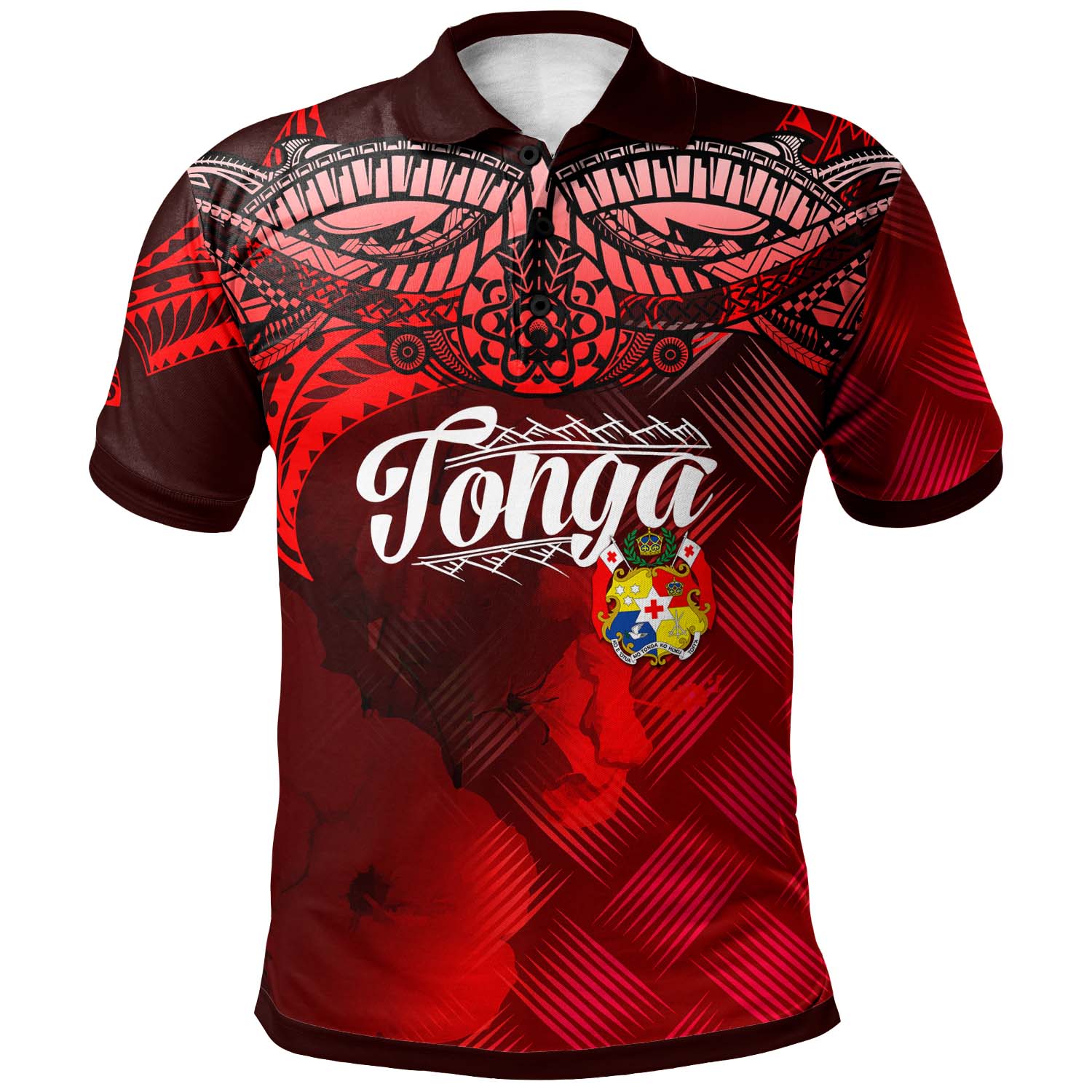 Tonga Polynesian Polo Shirt Tonga Coat Of Arms With Lauhala Tribal Pattern Red - Polynesian Pride