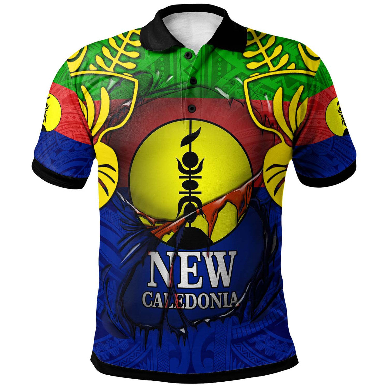 New Caledonia Polo Shirt Custom Coat of Arms Ripping with Polynesian Yellow - Polynesian Pride