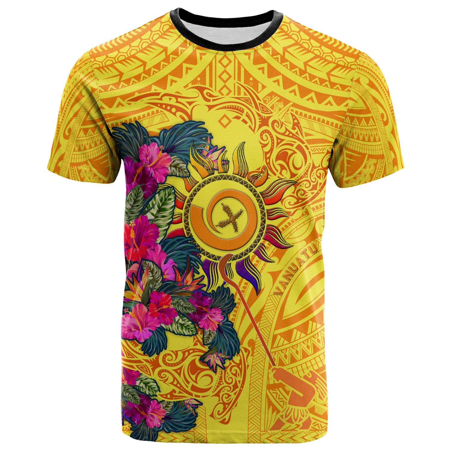 Polynesian T Shirt Vanuatu Symbols With Hibiscus Unisex Yellow - Polynesian Pride